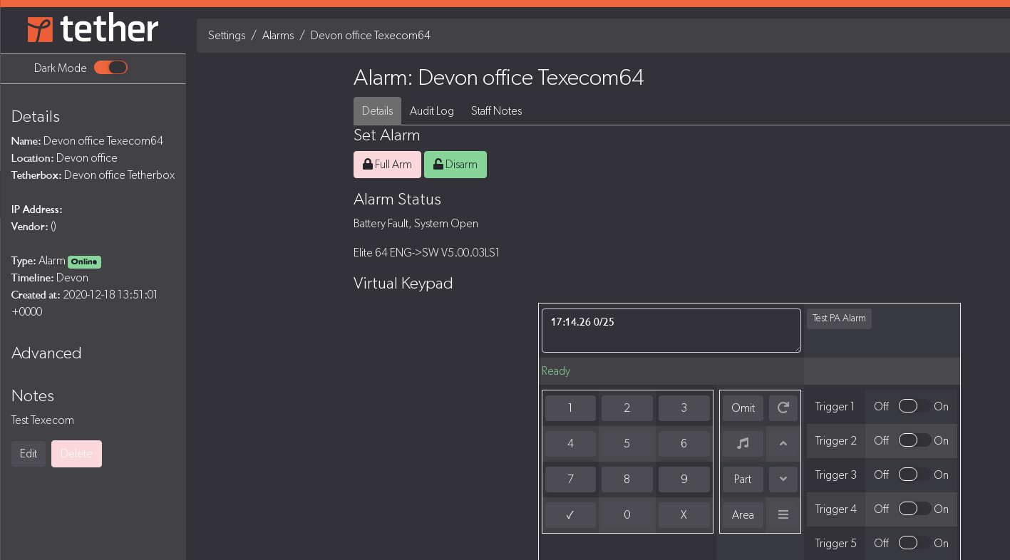 Alarm details with virtual keypad