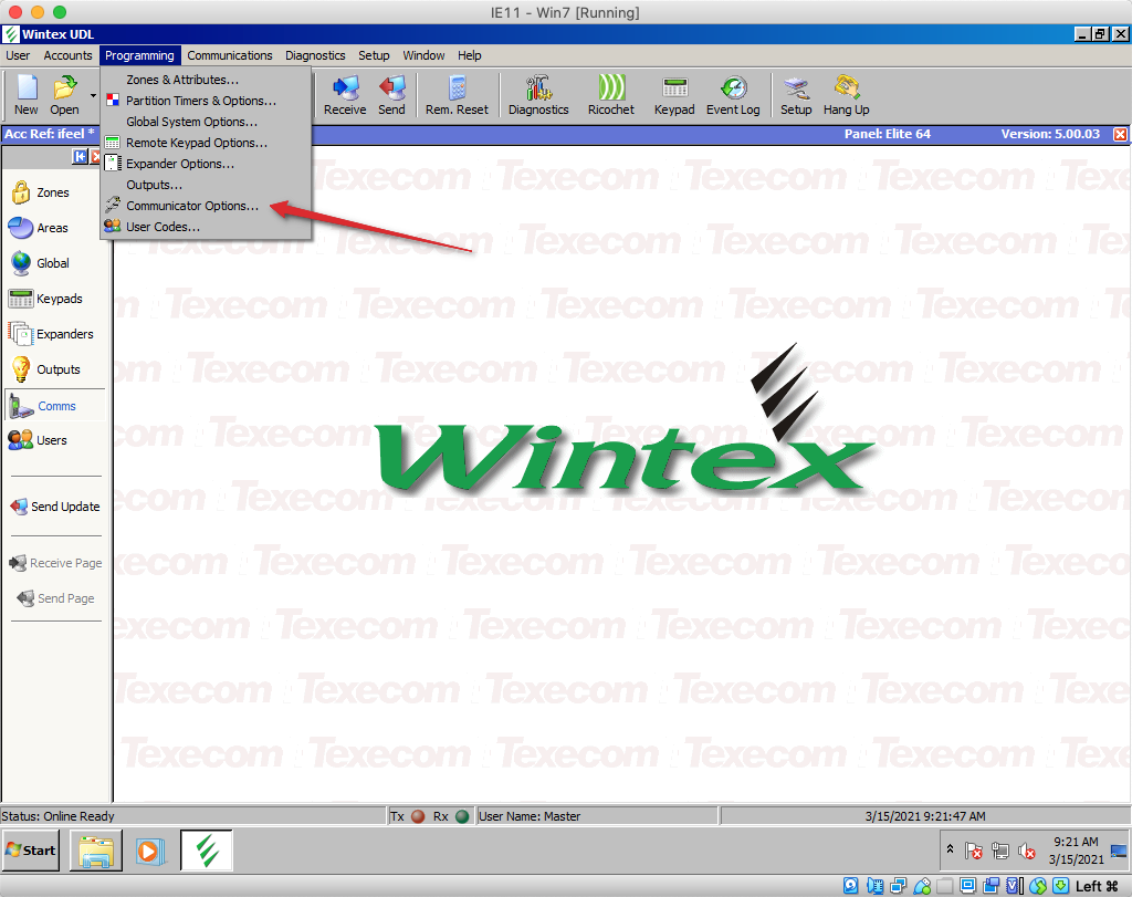 Wintex communicator menu