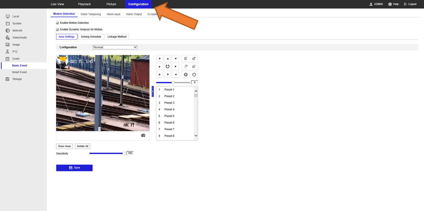 Hikvision web interface with Configuration menu highlighted