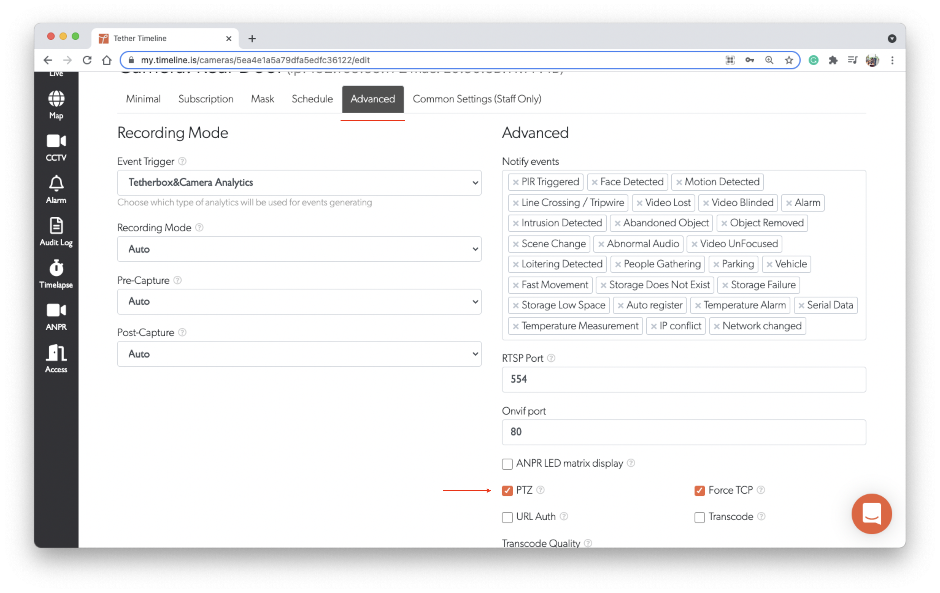 Enable PTZ in Advanced Settings
