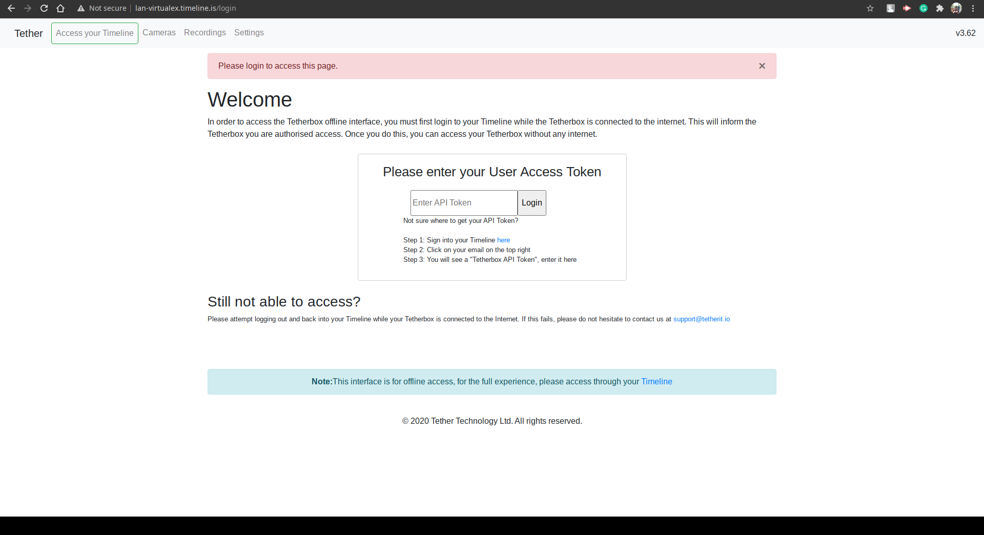 TetherBox login page accessed via hostname