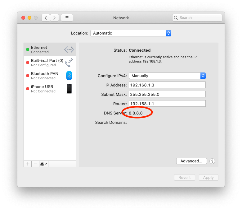 Mac Network preferences showing DNS Server 8.8.8.8