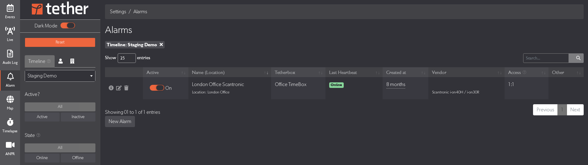 Alarms page showing alarm list