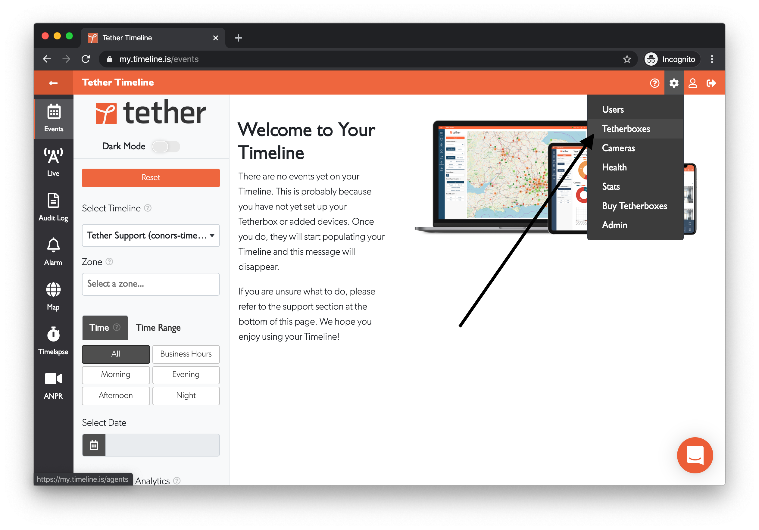 Admin menu with TetherBoxes highlighted
